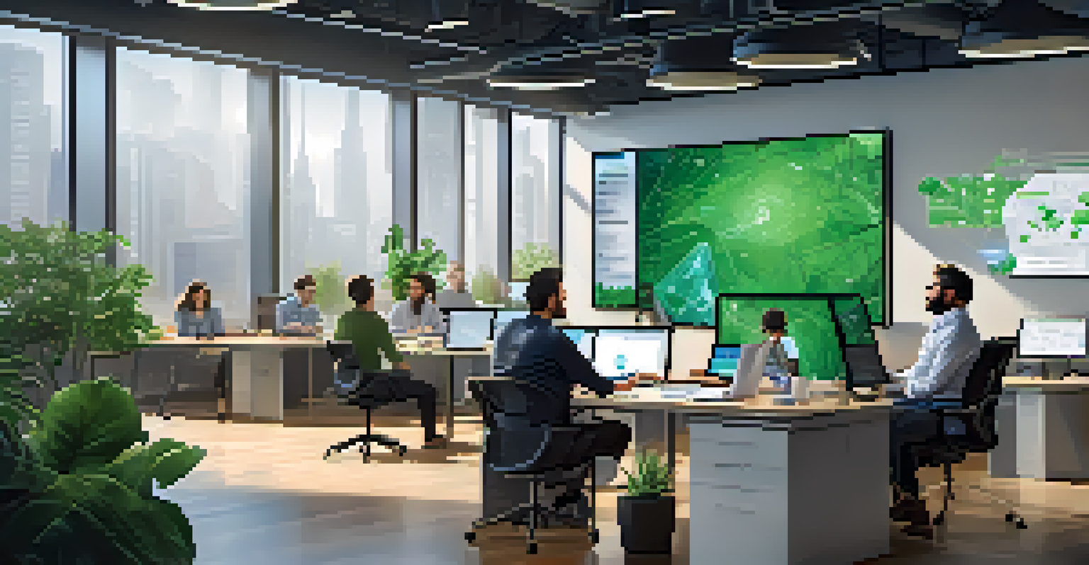 A diverse team of developers working together in a bright office, discussing microservices architecture with digital screens in the background and green plants around them.