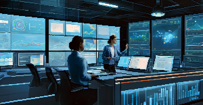 A control room where professionals are analyzing supply chain data on large screens, showcasing teamwork and innovation.