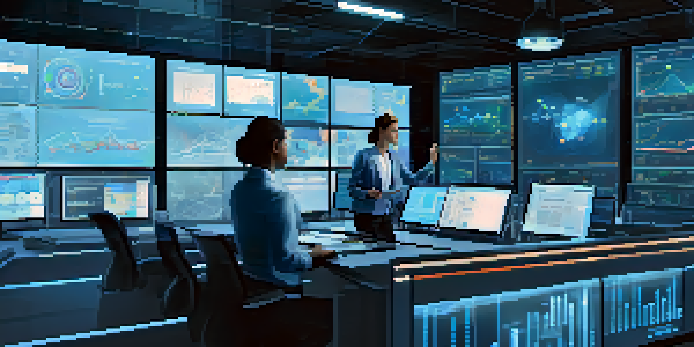 A control room where professionals are analyzing supply chain data on large screens, showcasing teamwork and innovation.