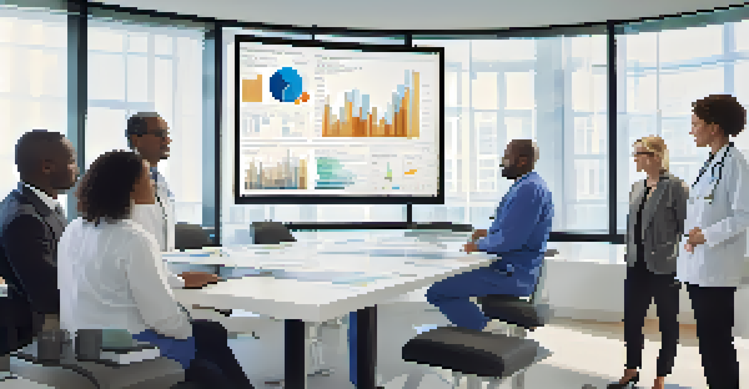 A diverse group of healthcare professionals collaborating in a conference room with digital data analysis displayed on a screen.