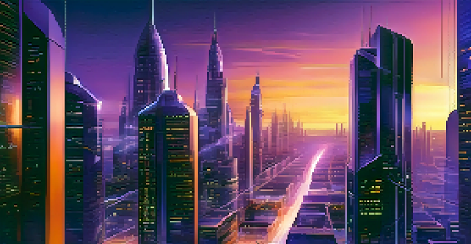A futuristic city skyline with tall buildings illuminated in purple and orange hues, showcasing advanced quantum networking technology.