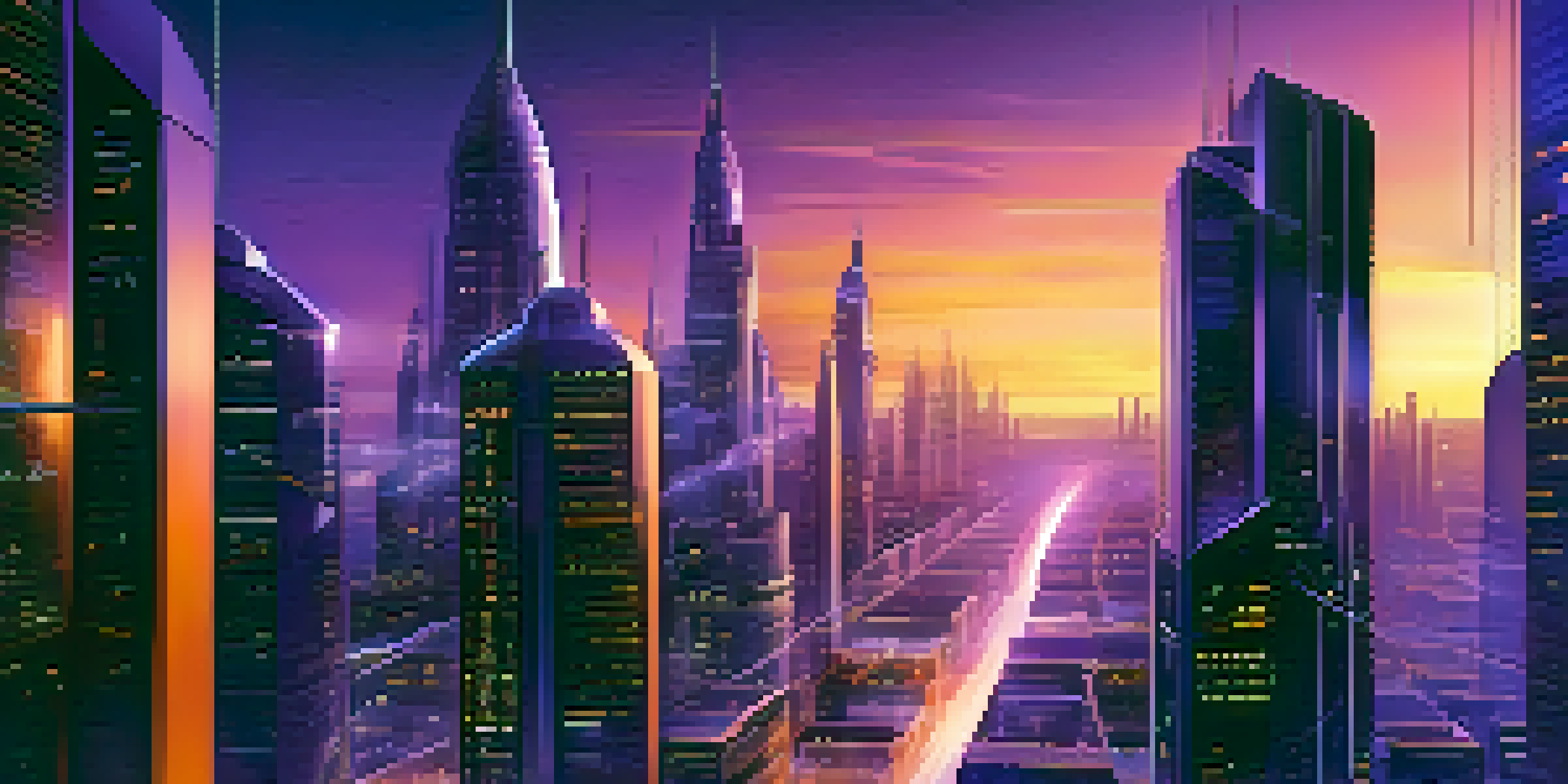 A futuristic city skyline with tall buildings illuminated in purple and orange hues, showcasing advanced quantum networking technology.