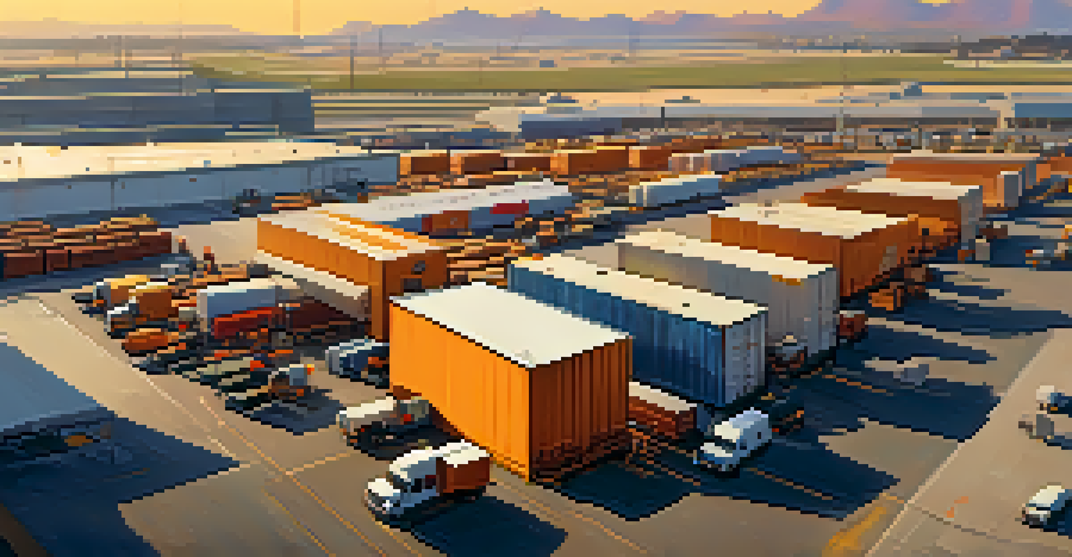 Aerial view of a logistics center with trucks and delivery vehicles, enhanced with GPS markers showing routes and locations at sunset.