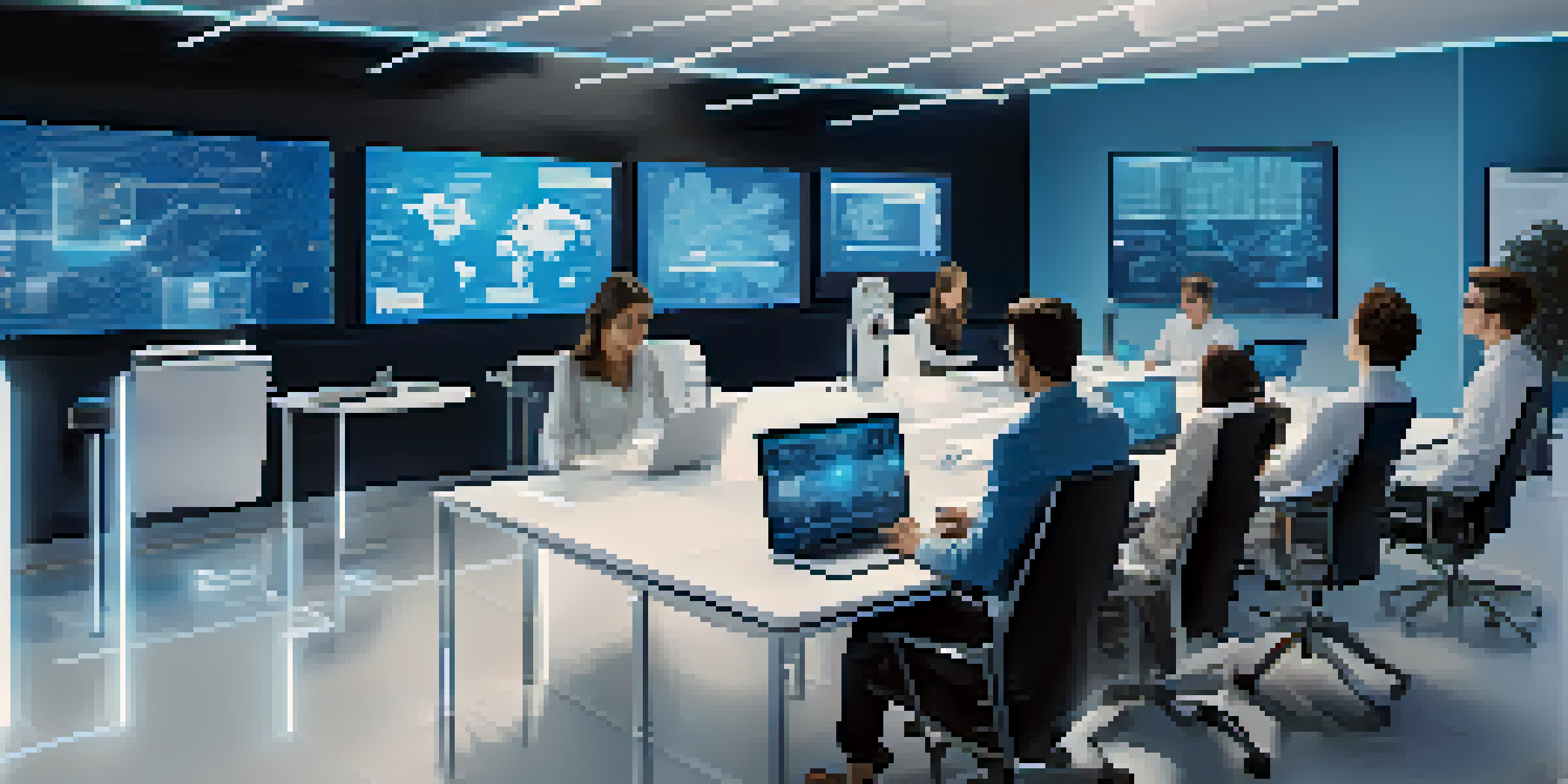 A modern office with diverse professionals discussing smart contract code on digital devices in a well-lit environment.