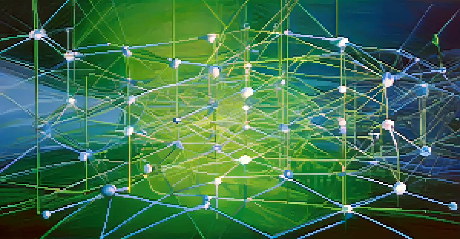 An abstract illustration showing interconnected nodes and lines symbolizing API integration, in a gradient of blue and green colors.
