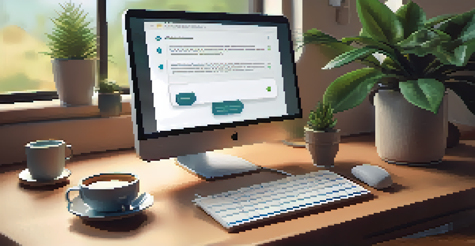 A close-up of a computer screen showing a customer support chat interface with a friendly chatbot response, surrounded by a cozy workspace.
