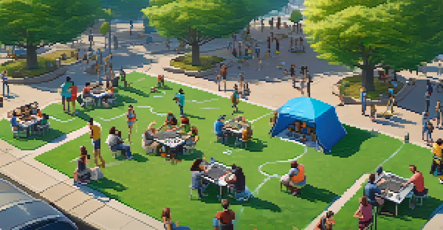Aerial view of gamers in a park, each using different devices, surrounded by nature.