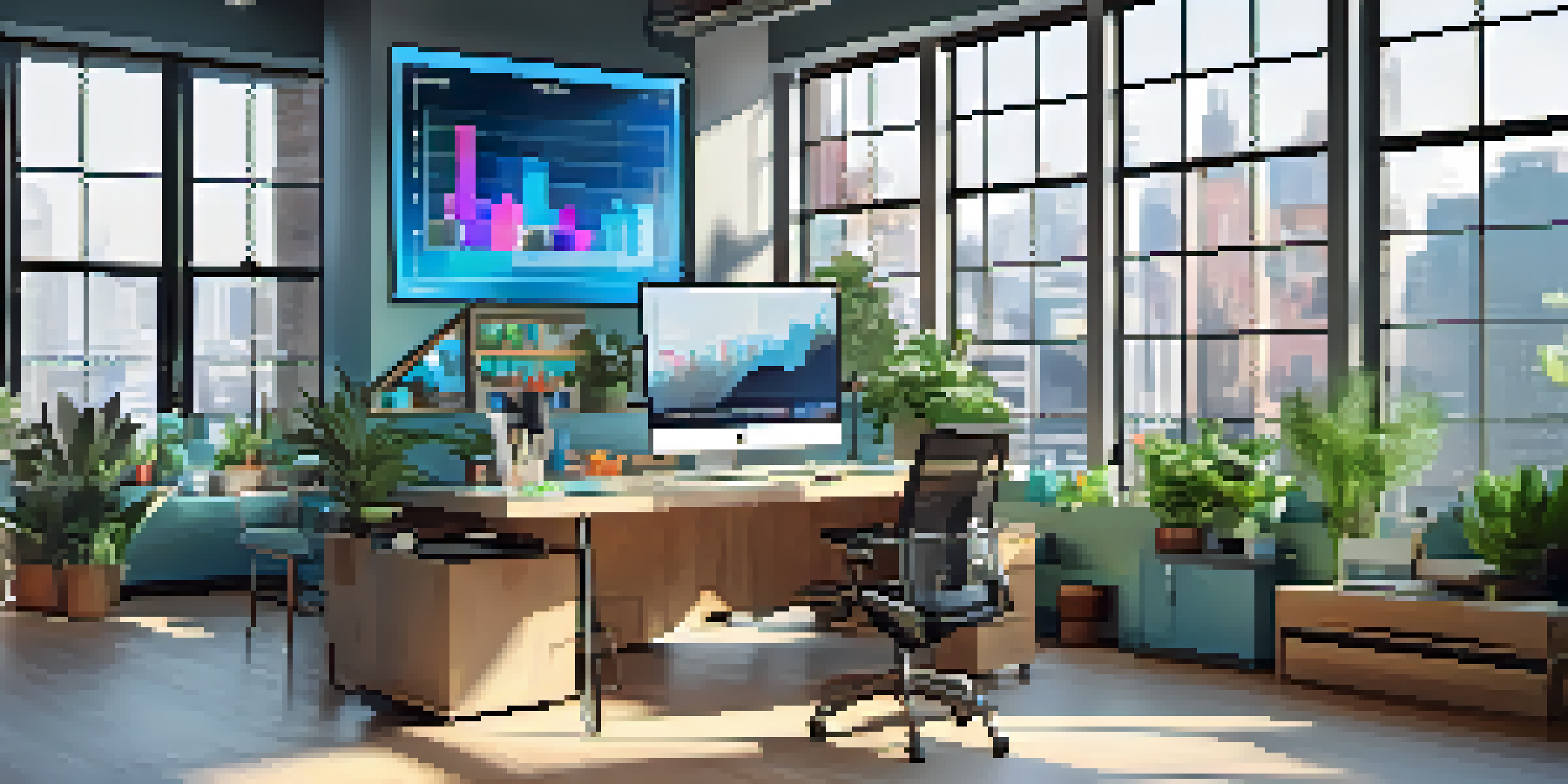 A modern workspace featuring a large screen with colorful social media analytics charts and graphs, well-lit with natural light and decorated with plants.