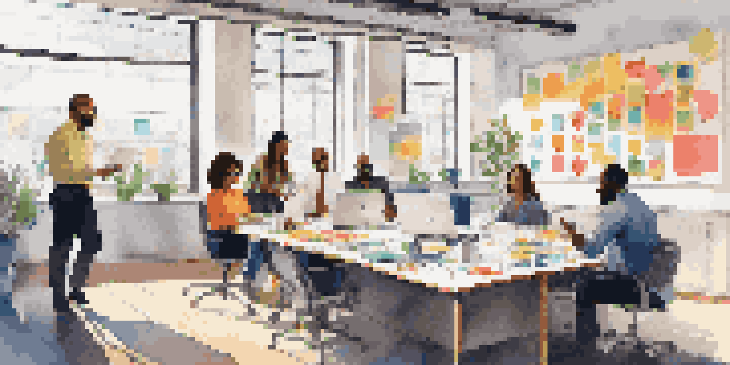 A diverse group of professionals collaborating in an office, with laptops and charts on a large table, surrounded by natural light.