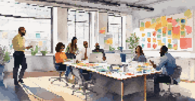 A diverse group of professionals collaborating in an office, with laptops and charts on a large table, surrounded by natural light.