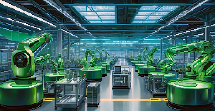 A high-tech smart factory with robotic arms and digital displays showcasing real-time data analytics, illuminated by blue and green lights.