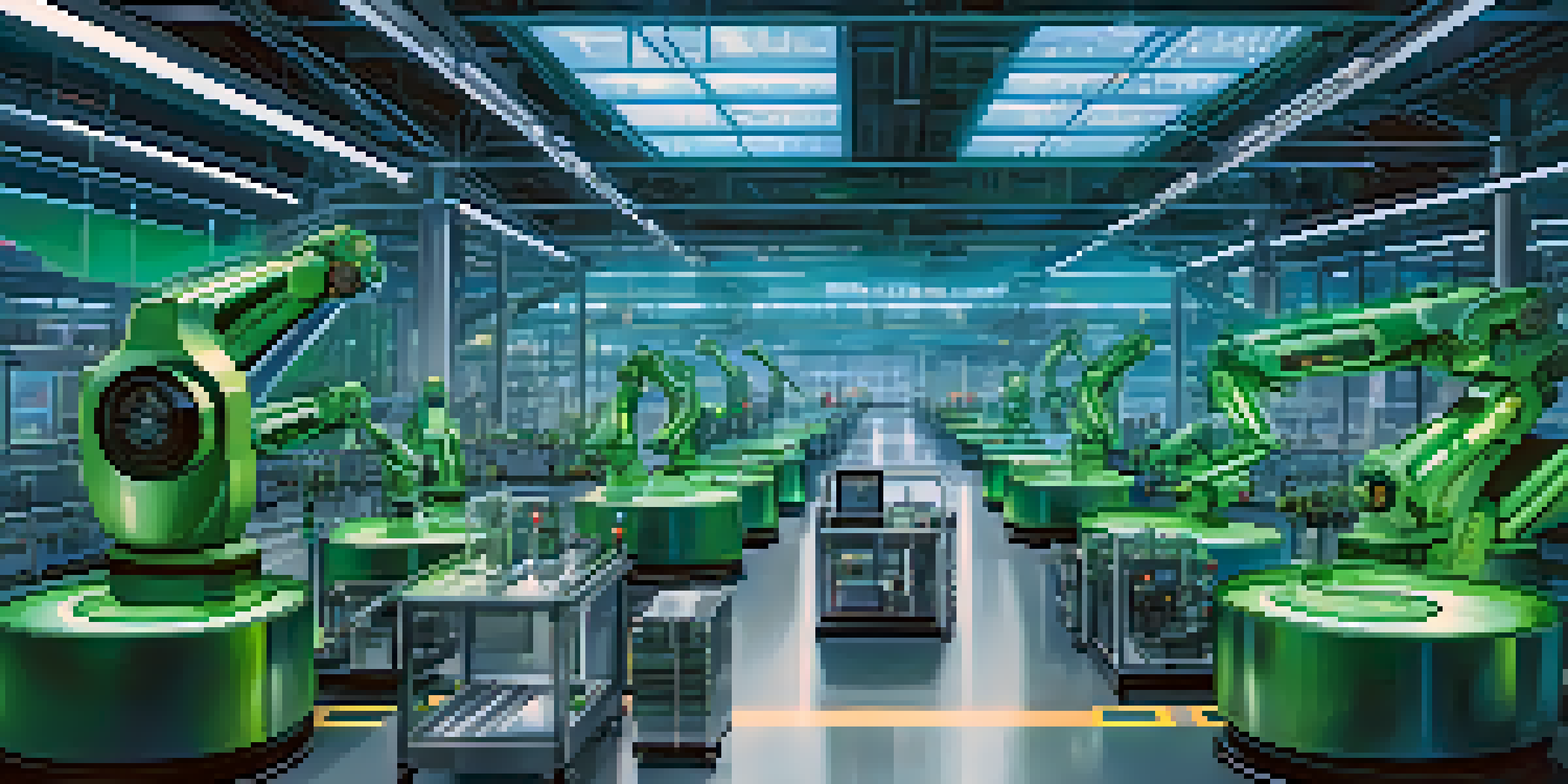 A high-tech smart factory with robotic arms and digital displays showcasing real-time data analytics, illuminated by blue and green lights.