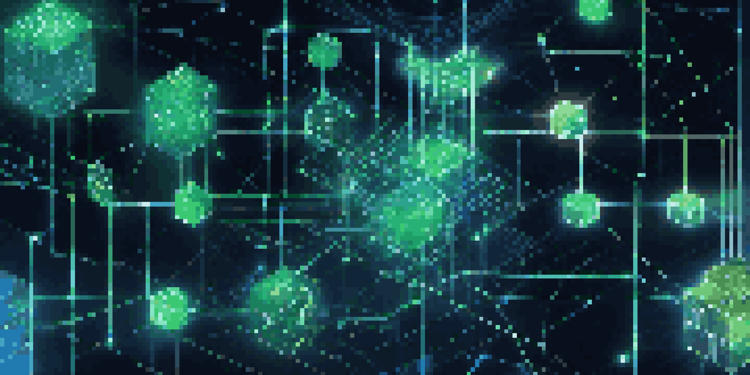 An illustration of a blockchain network with glowing interconnected blocks in blue and green against a dark background, symbolizing secure transactions.