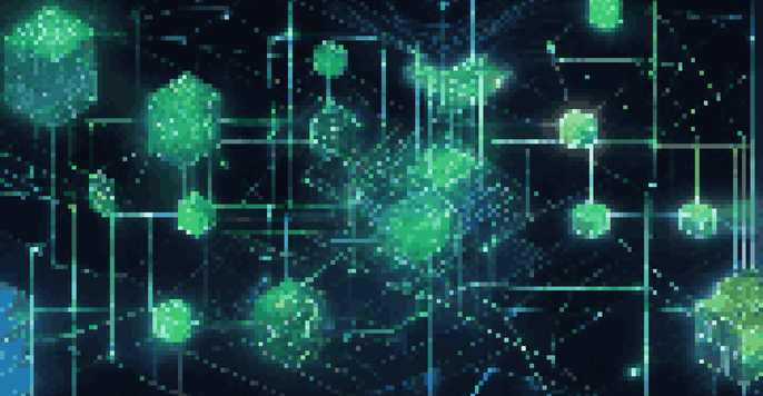 An illustration of a blockchain network with glowing interconnected blocks in blue and green against a dark background, symbolizing secure transactions.