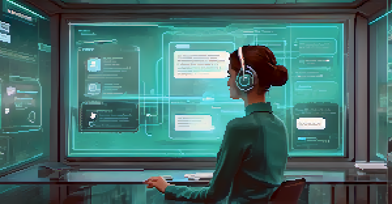 A user interacting with a friendly chatbot on a transparent screen in a modern, futuristic environment.