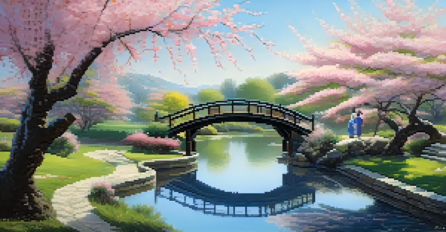 A peaceful Asian garden with cherry blossom trees, a wooden bridge over a pond, and a couple in traditional attire.