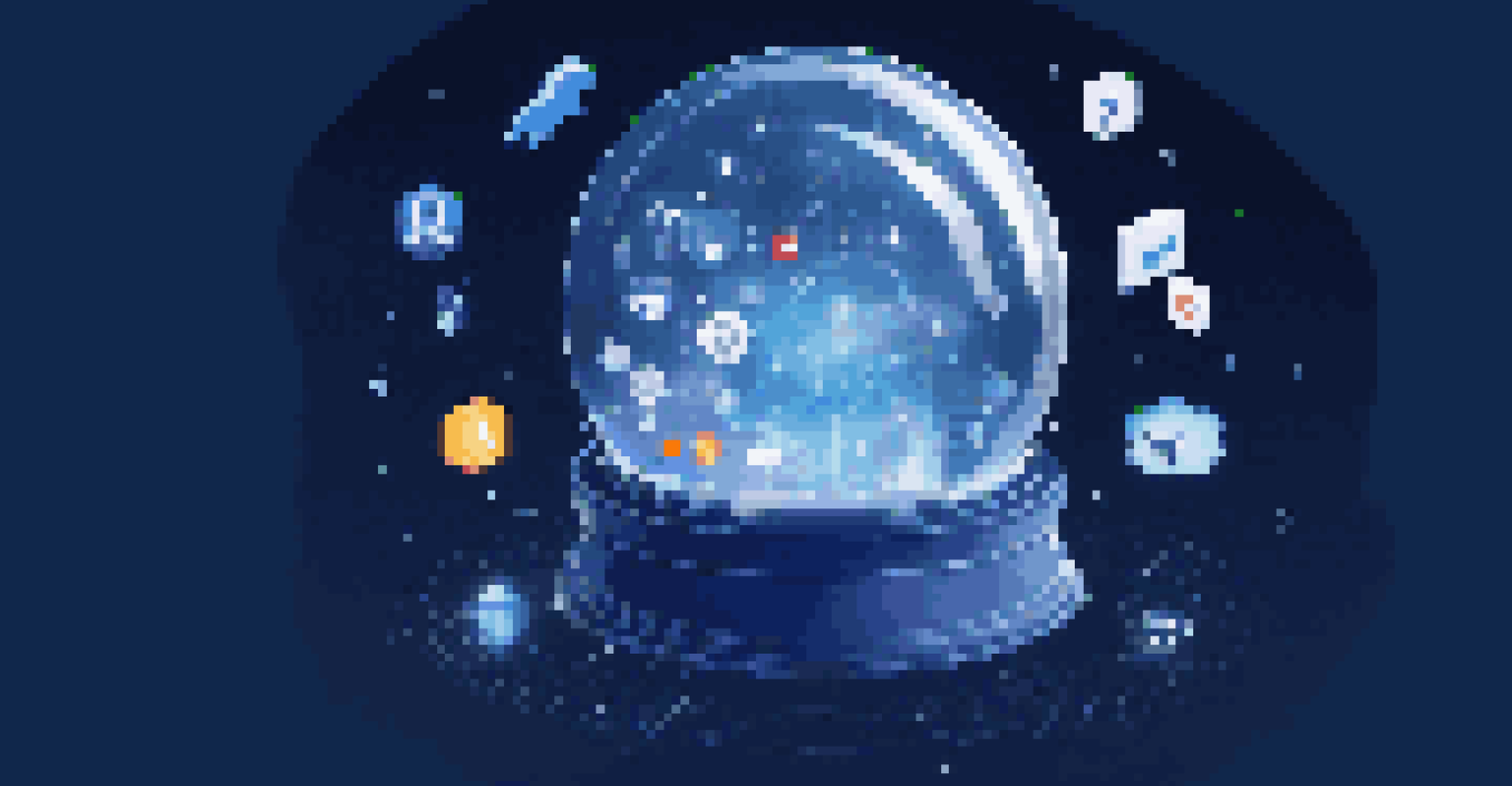 A crystal ball representing predictive analytics in social media, surrounded by digital icons and glowing trends.