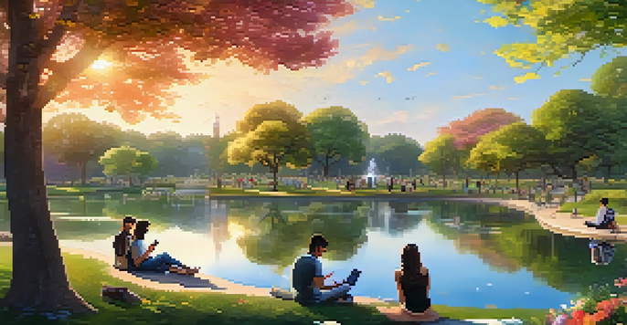A peaceful park scene with people of various backgrounds using mobile devices, surrounded by flowers and trees under golden sunlight.