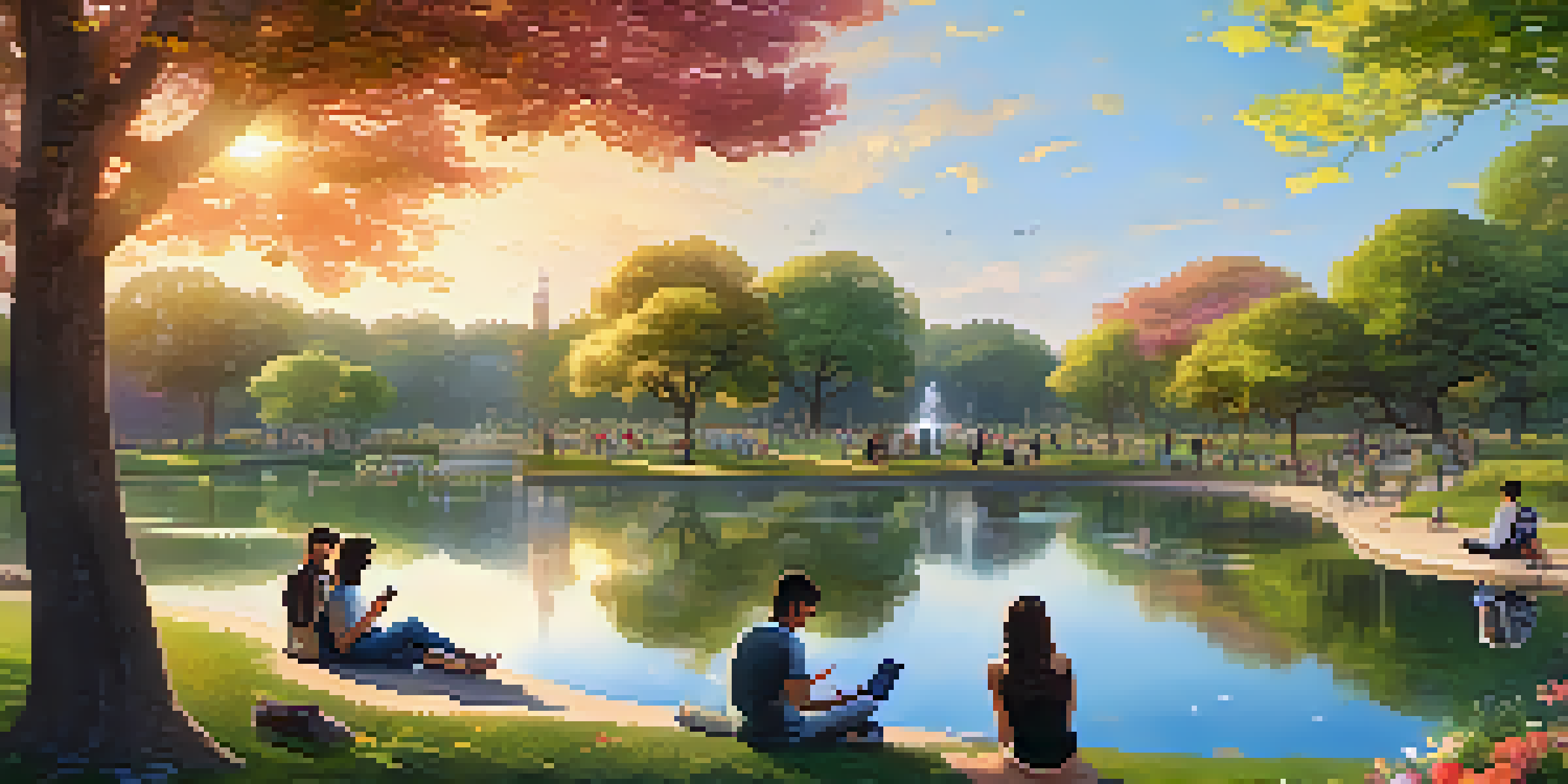 A peaceful park scene with people of various backgrounds using mobile devices, surrounded by flowers and trees under golden sunlight.