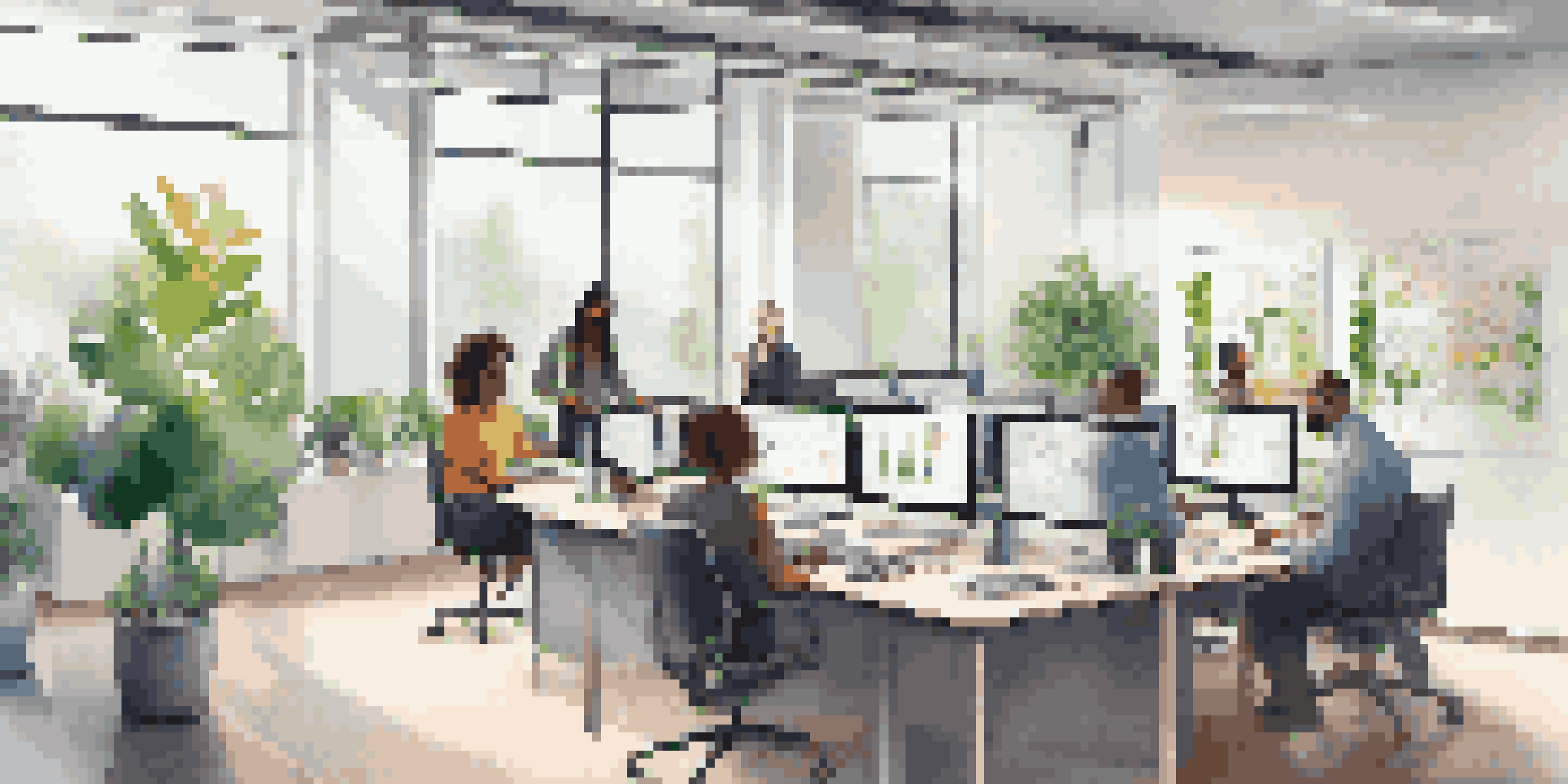 A diverse group of professionals working together in a bright office, interacting with a digital project management tool on a large screen.