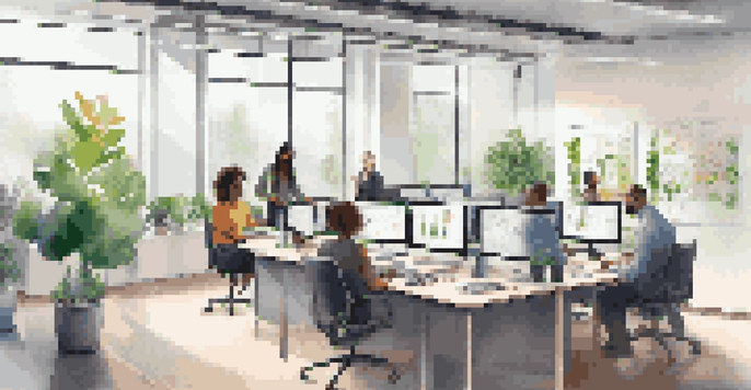 A diverse group of professionals working together in a bright office, interacting with a digital project management tool on a large screen.