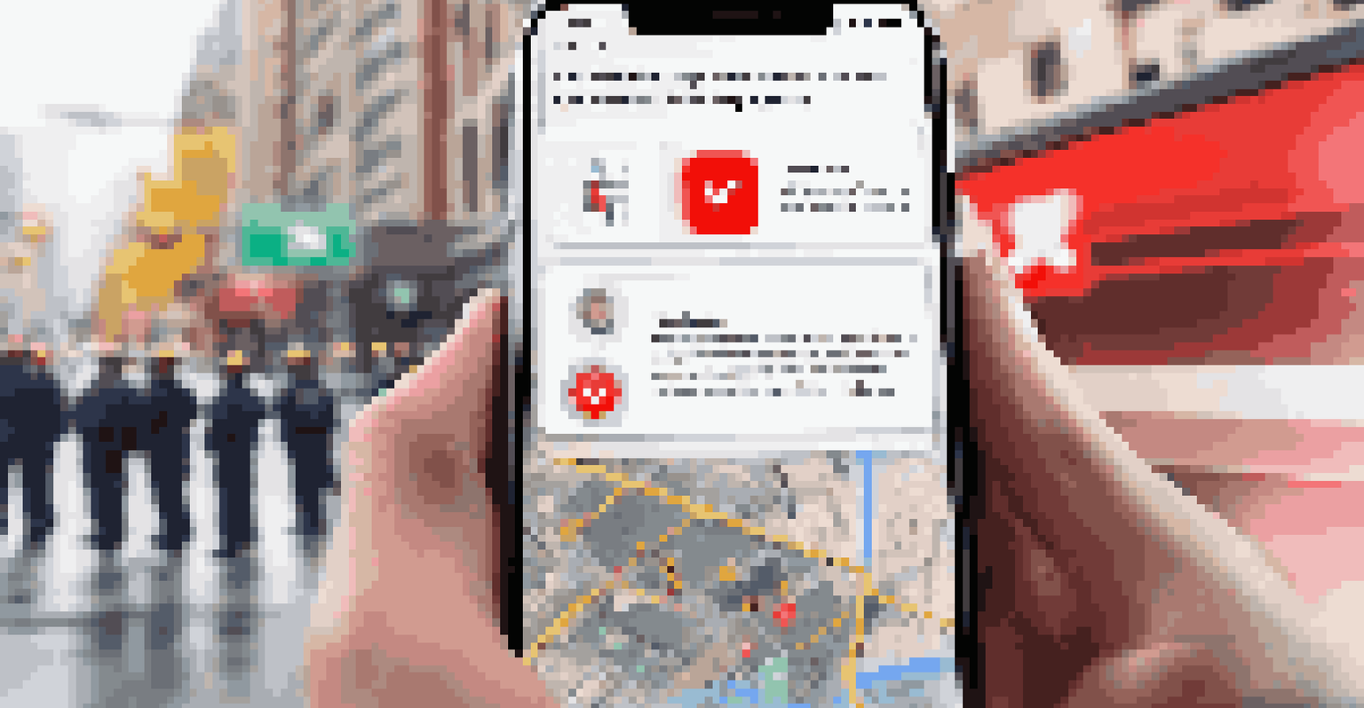 A smartphone screen showing a collaboration app with notifications, set against a blurred background of emergency responders.