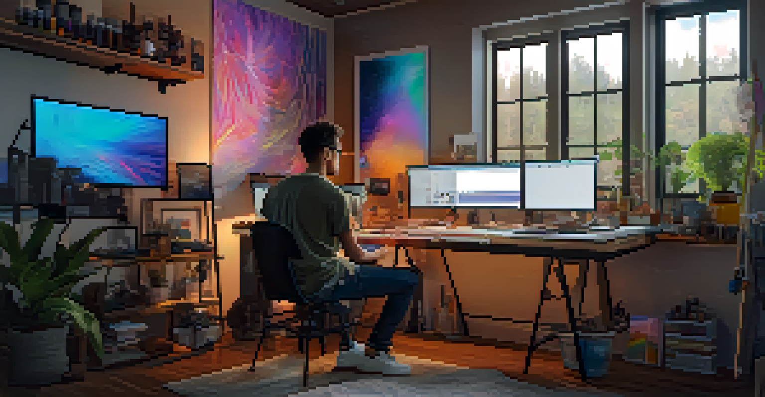 A digital artist in a cozy studio, working on smart contracts displayed on a computer screen amidst colorful artwork.