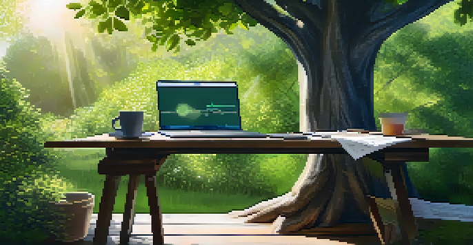 A peaceful outdoor workspace with a wooden desk, laptop displaying social media analytics, coffee cup, and notepad under a tree.