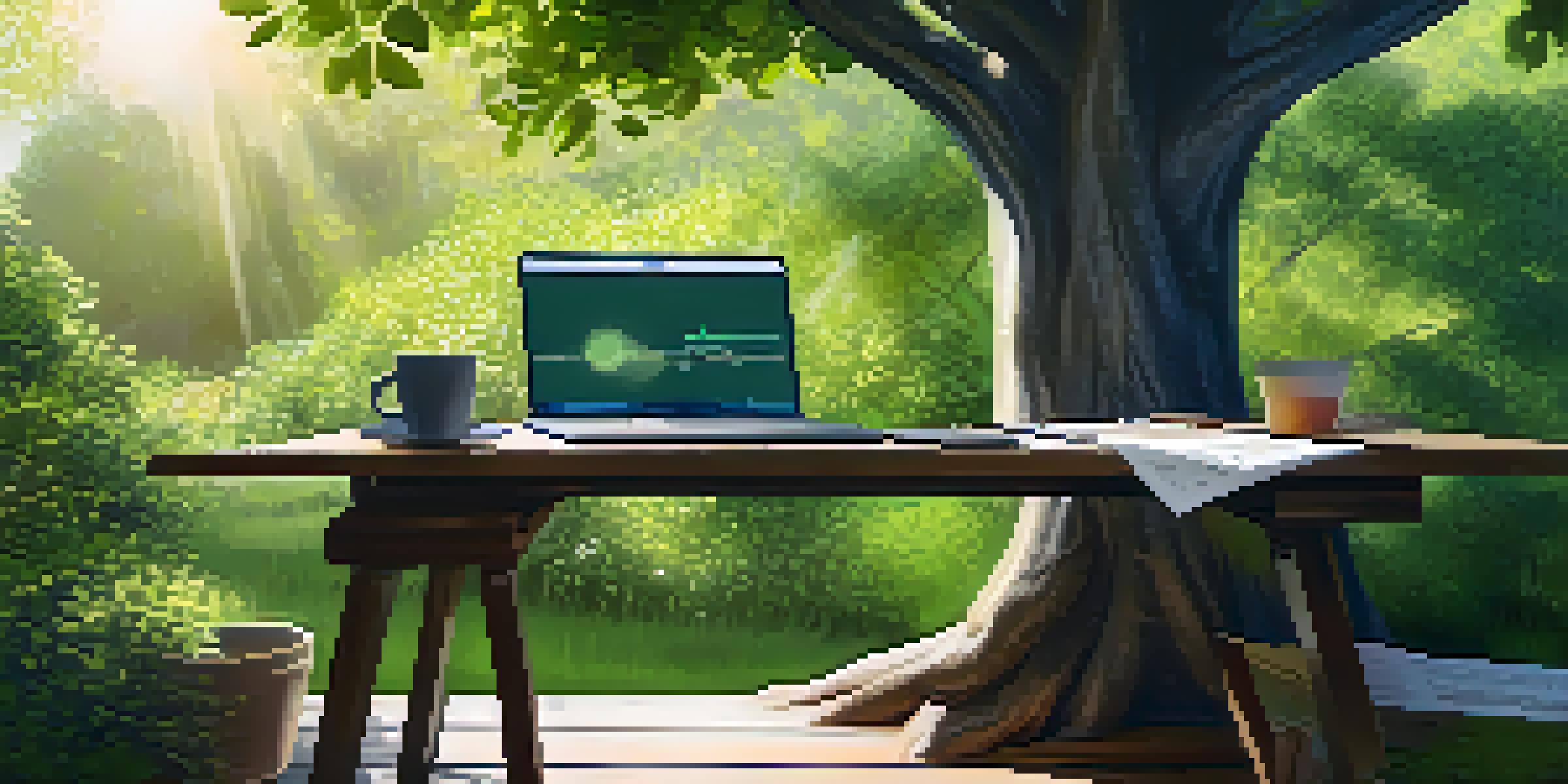 A peaceful outdoor workspace with a wooden desk, laptop displaying social media analytics, coffee cup, and notepad under a tree.