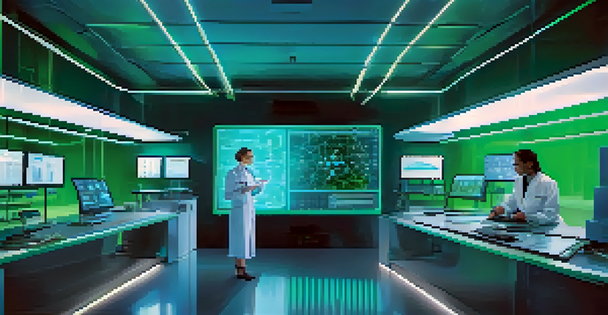 A female researcher in a lab coat analyzing holographic data in a high-tech healthcare laboratory with quantum computing equipment.