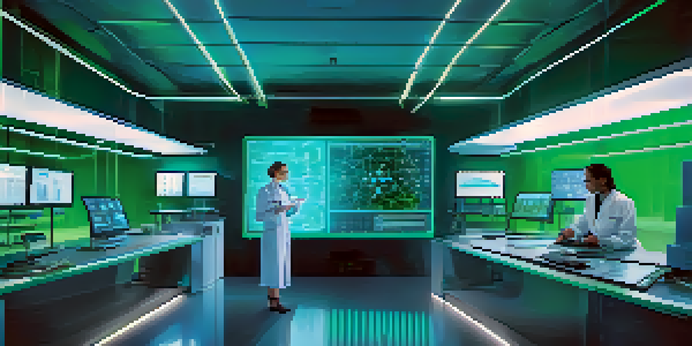 A female researcher in a lab coat analyzing holographic data in a high-tech healthcare laboratory with quantum computing equipment.