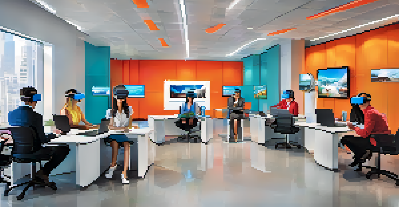 Corporate employees using virtual reality headsets in a simulated office environment to practice customer service skills, surrounded by a modern and colorful setting.