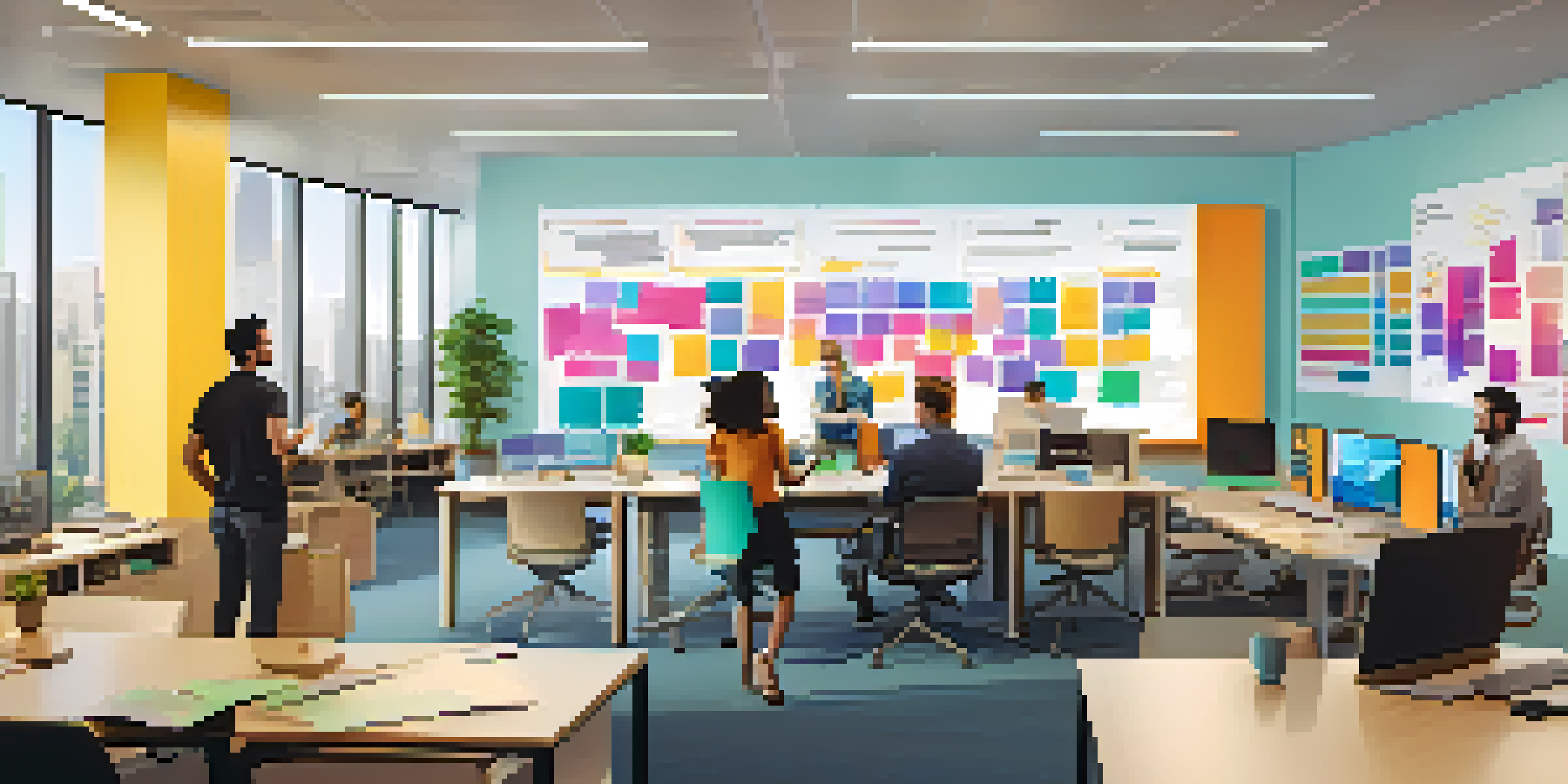 A diverse group of professionals in a modern office collaborating on app development using a low-code platform, with screens and post-it notes around them.