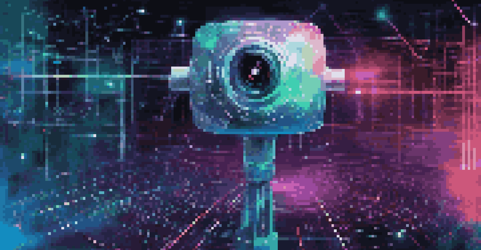An abstract illustration of a high-tech security camera surrounded by glowing data streams and binary code, symbolizing AI monitoring.
