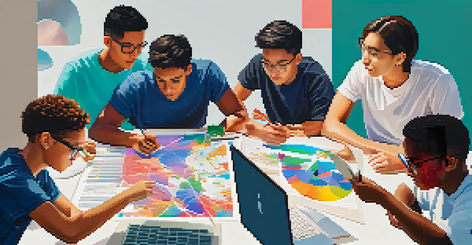 A group of diverse students collaborating in a virtual space on climate change projects.