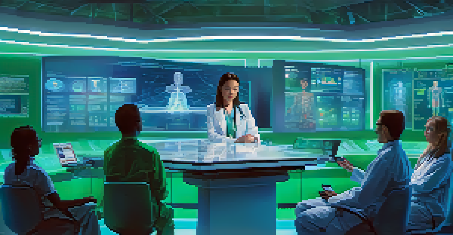 A healthcare professional analyzing predictive analytics data on a holographic display, with patients monitored by wearable devices.
