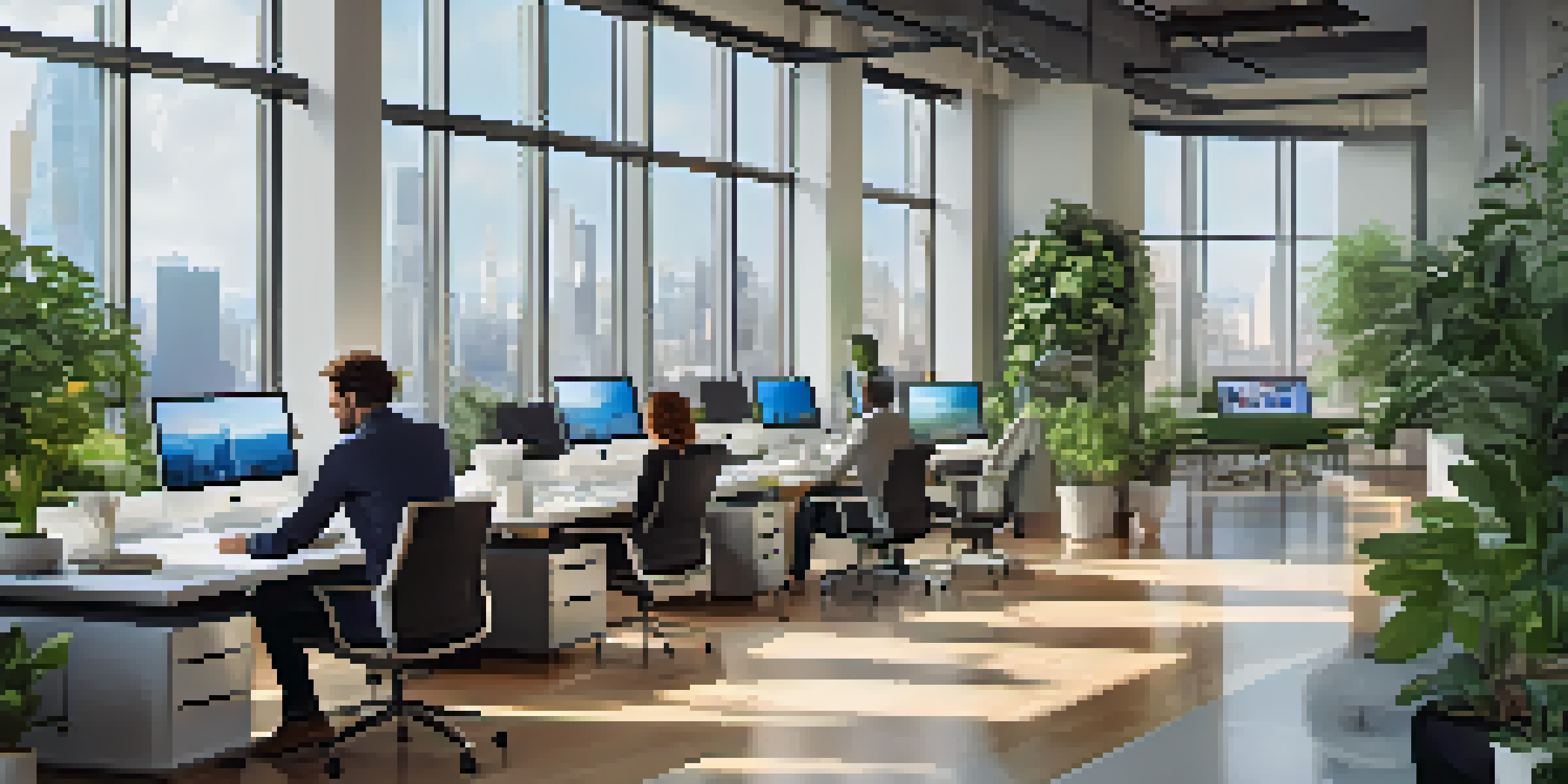 A diverse group of professionals working together in a modern office with city skyline views and greenery.