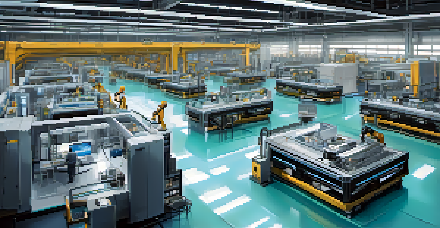 A high-tech factory floor with IoT systems and workers monitoring machinery, showcasing a clean and organized industrial environment.