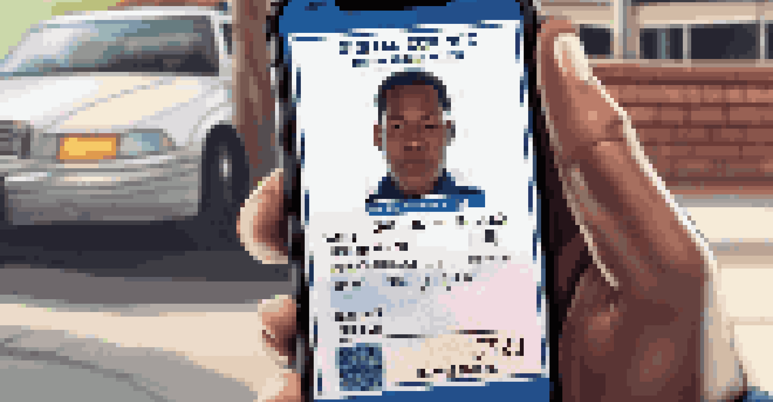 Close-up of a digital driver's license on a smartphone with a police officer in the background.