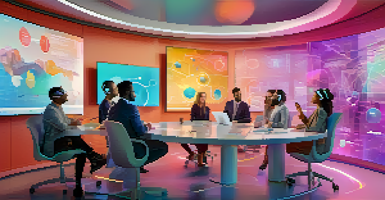 A diverse group of professionals using AR headsets in a futuristic office during a virtual meeting, surrounded by holographic displays.