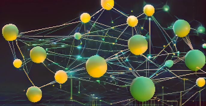 An illustration of a blockchain network with glowing interconnected nodes against a blue gradient background, symbolizing transactions.