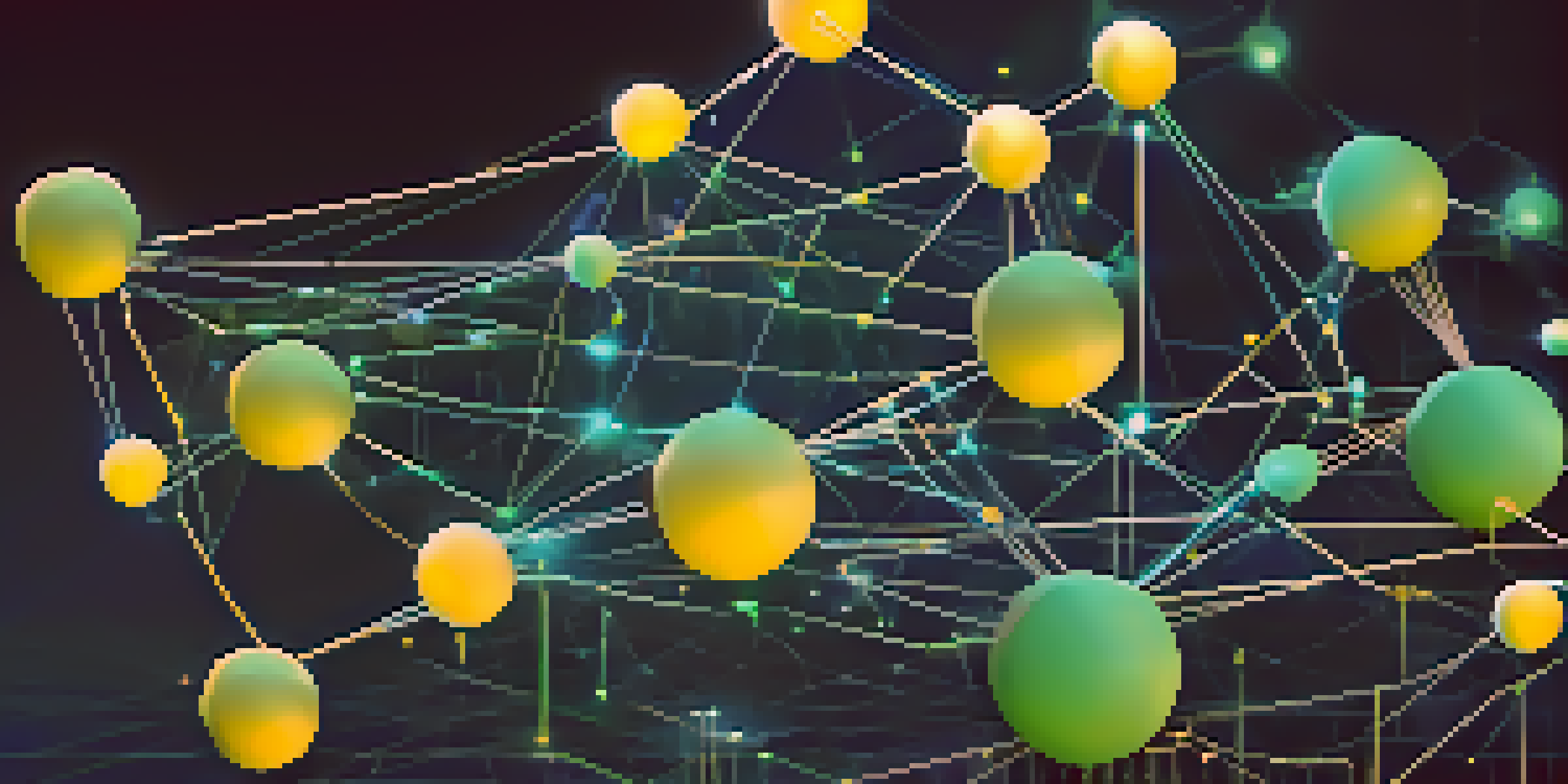 An illustration of a blockchain network with glowing interconnected nodes against a blue gradient background, symbolizing transactions.