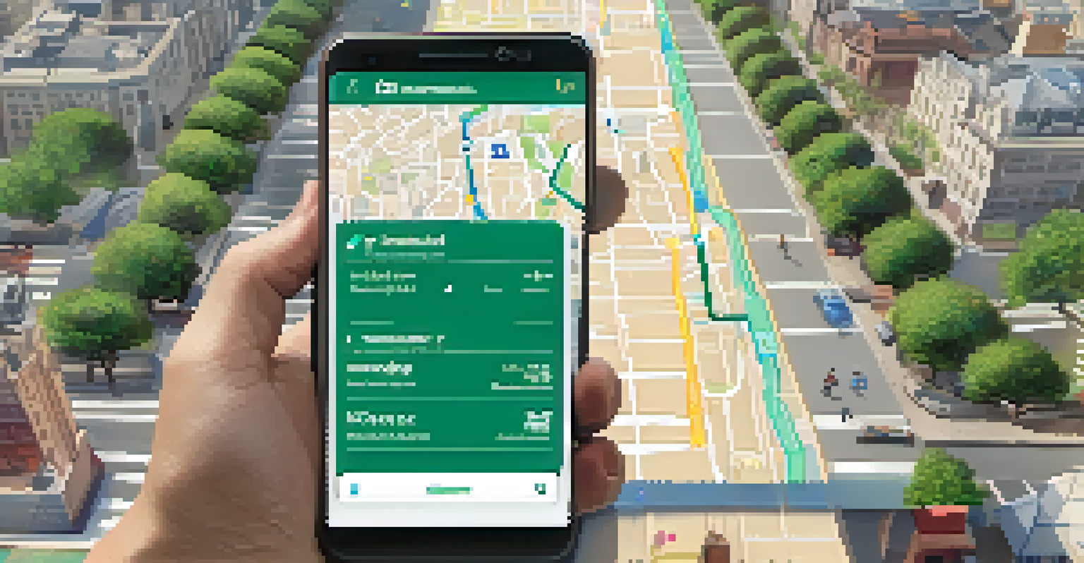A close-up of a mobile app interface showing a wheelchair-accessible route map, with a hand holding a smartphone in a busy city setting.
