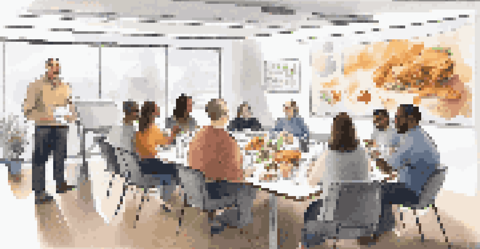 A team gathered around a table enjoying a 'lunch and learn' session in a casual office, sharing ideas and insights.