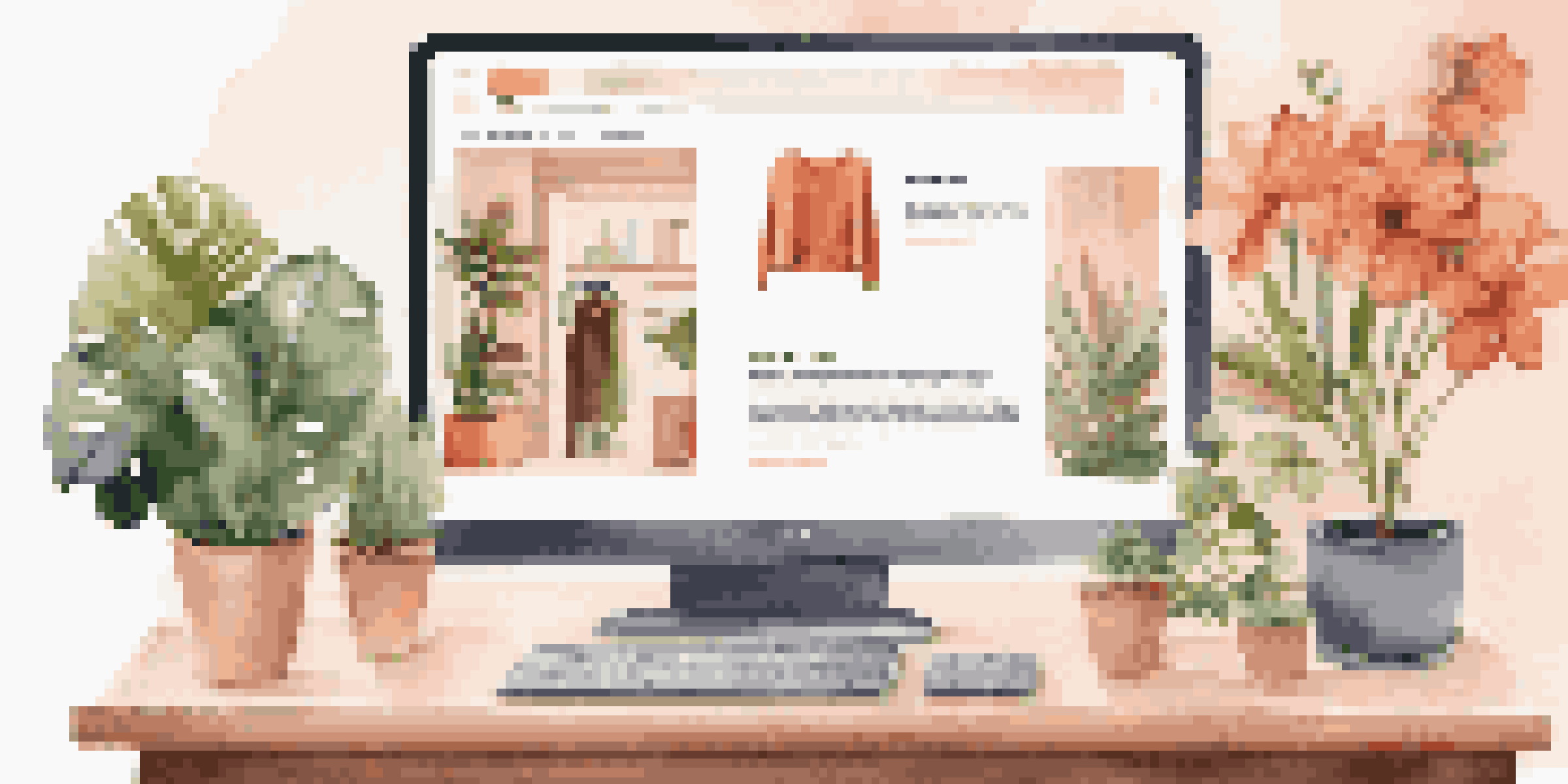 A modern workspace with a laptop displaying personalized product recommendations on an e-commerce site, surrounded by stylish decor and warm lighting.