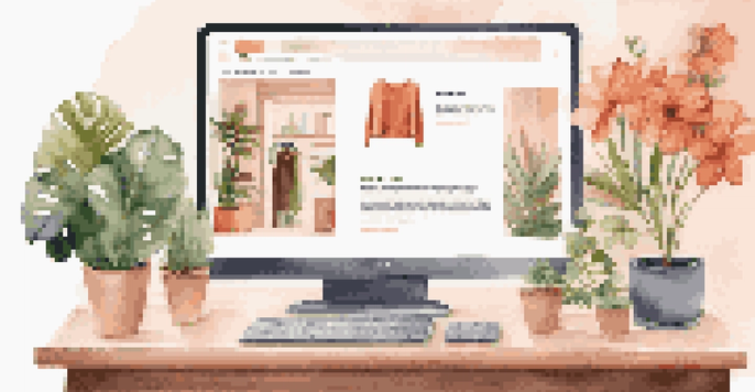 A modern workspace with a laptop displaying personalized product recommendations on an e-commerce site, surrounded by stylish decor and warm lighting.