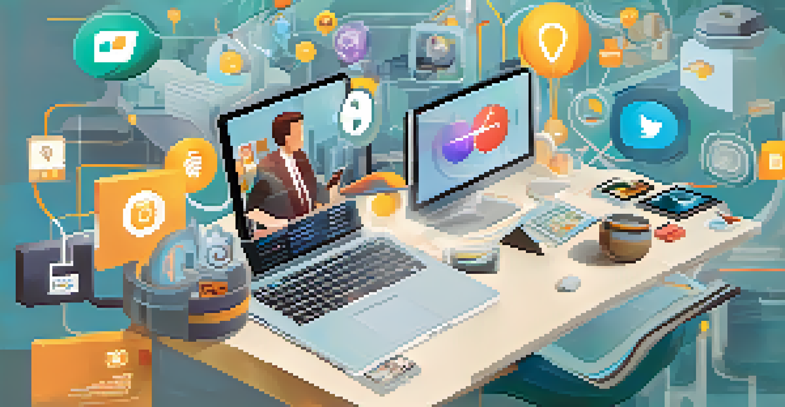 A person managing their decentralized identity on a digital device, surrounded by icons of finance, healthcare, and social media.