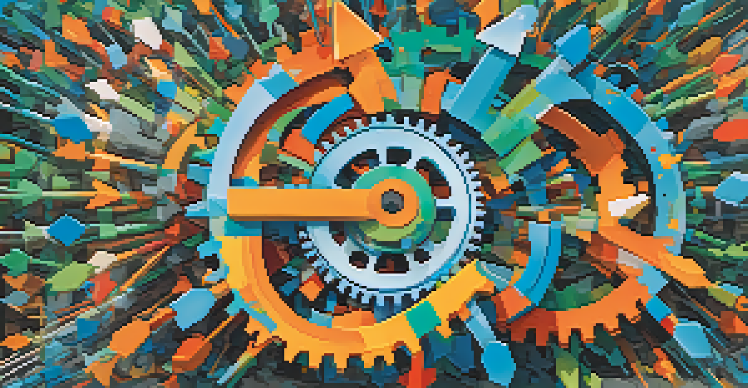 An abstract image depicting the concept of change management with colorful arrows and gears representing change.