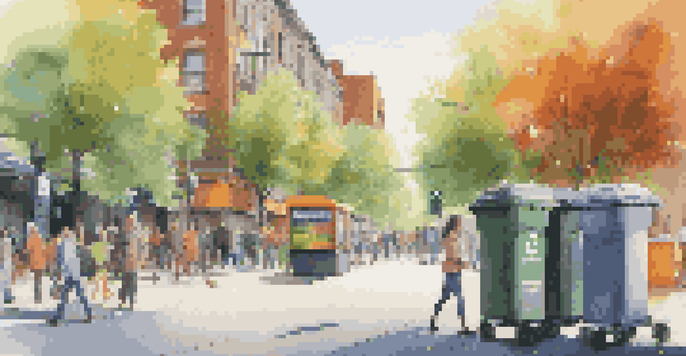 An urban street with smart waste management bins, people walking by in the evening light, and trees.