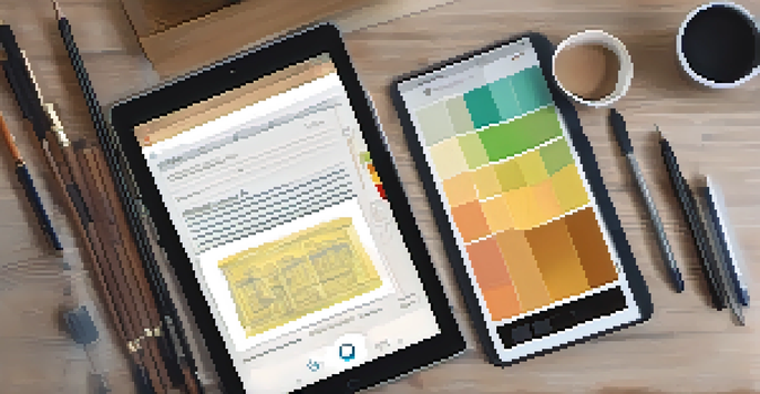 A close-up view of a mobile app's screenshot on a tablet, with a user-friendly interface, placed on a desk with a notepad and pen.